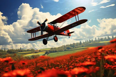 Vintage Red Biplane Flying Over A Poppy Field