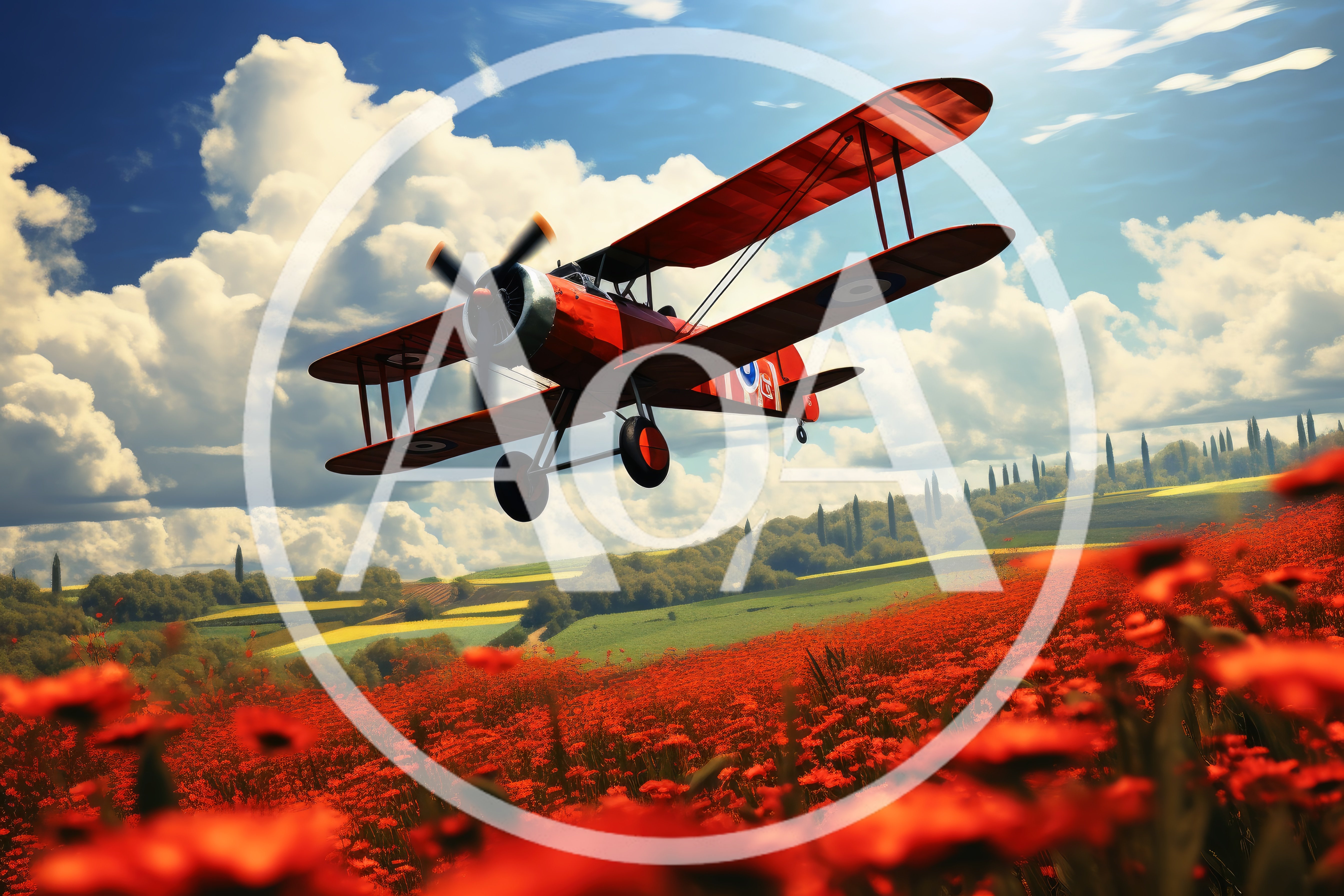 Vintage Red Biplane Flying Over A Poppy Field