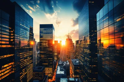 Aerial View Of Modern Skyscrapers At Sunset