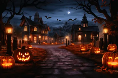 Spooky Halloween Village Scene With Glowing Jack O Lanterns