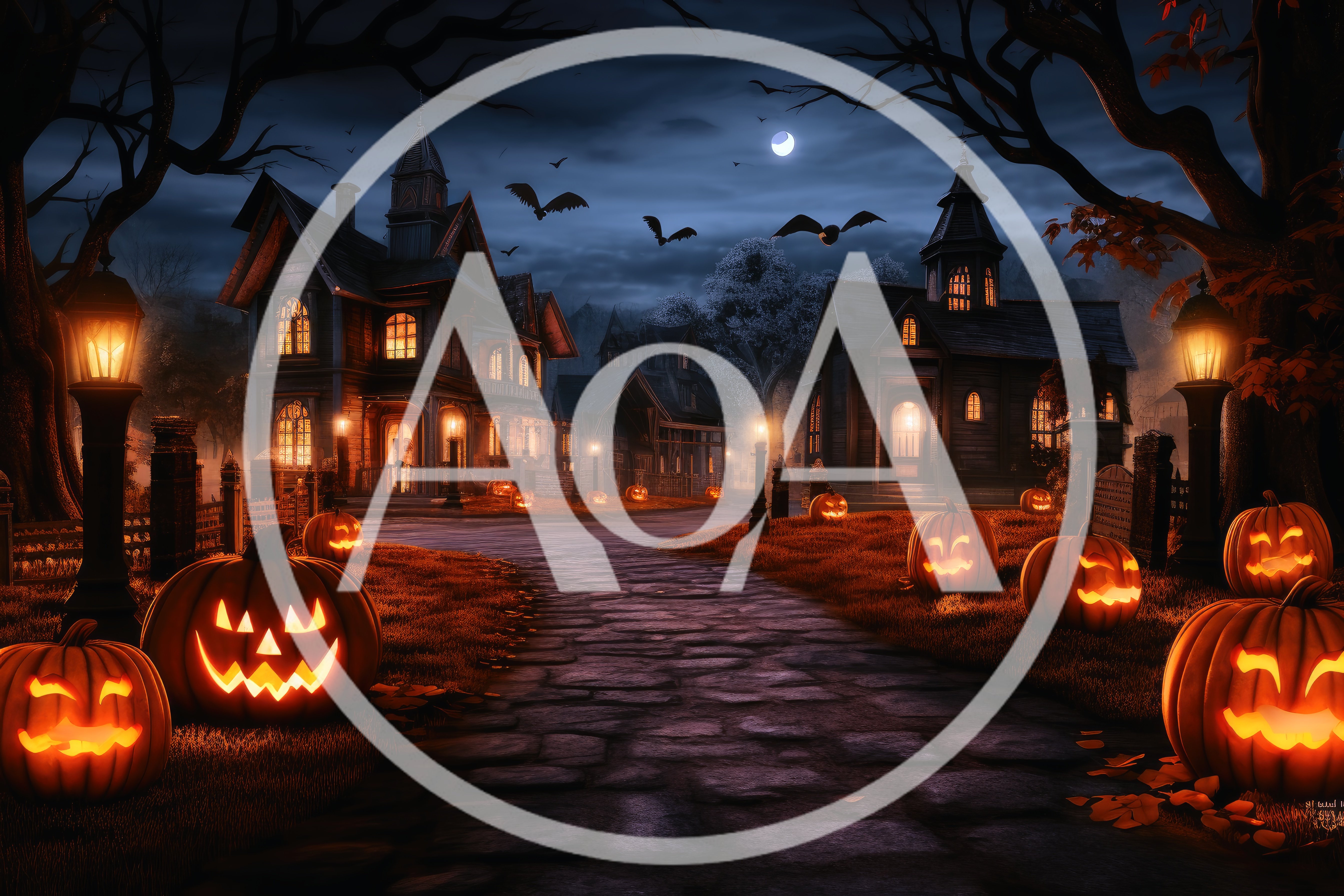 Spooky Halloween Village Scene With Glowing Jack O Lanterns
