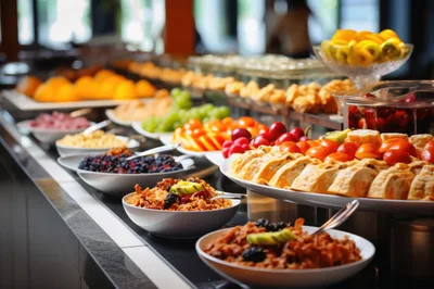 Breakfast Buffet Spread With Fresh Fruits And Pastries