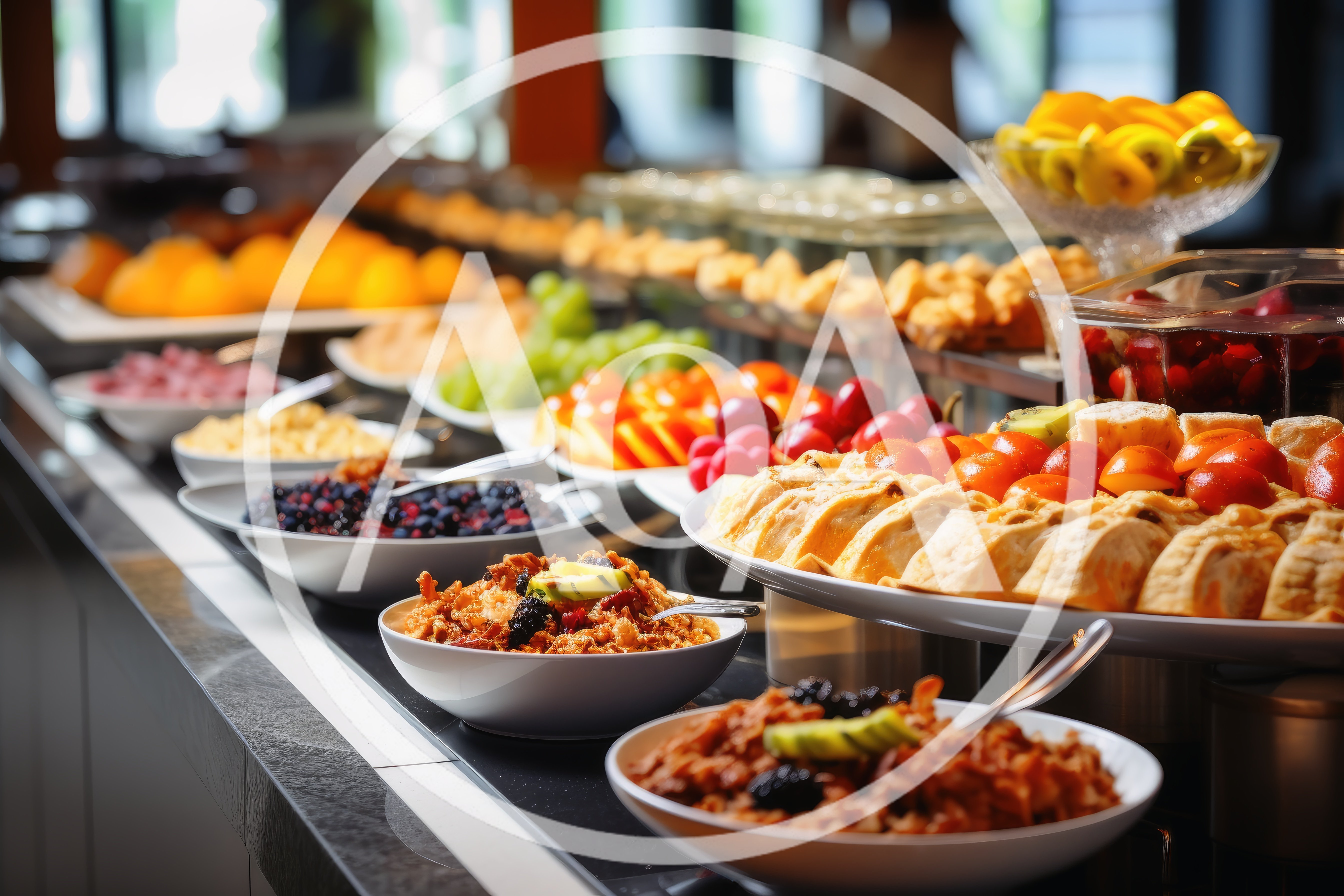 Breakfast Buffet Spread With Fresh Fruits And Pastries