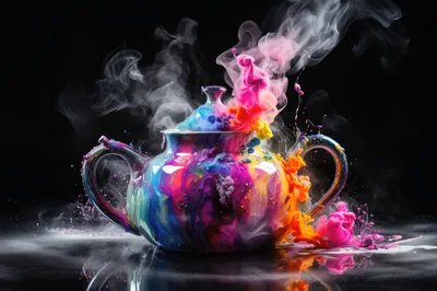 Colorful Abstract Teapot With Exploding Smoke And Paint