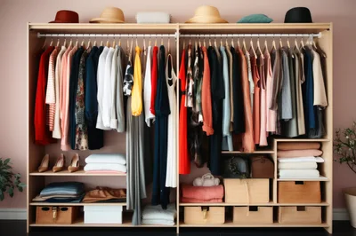 Organized Wooden Wardrobe With Hanging Clothes And Accessories