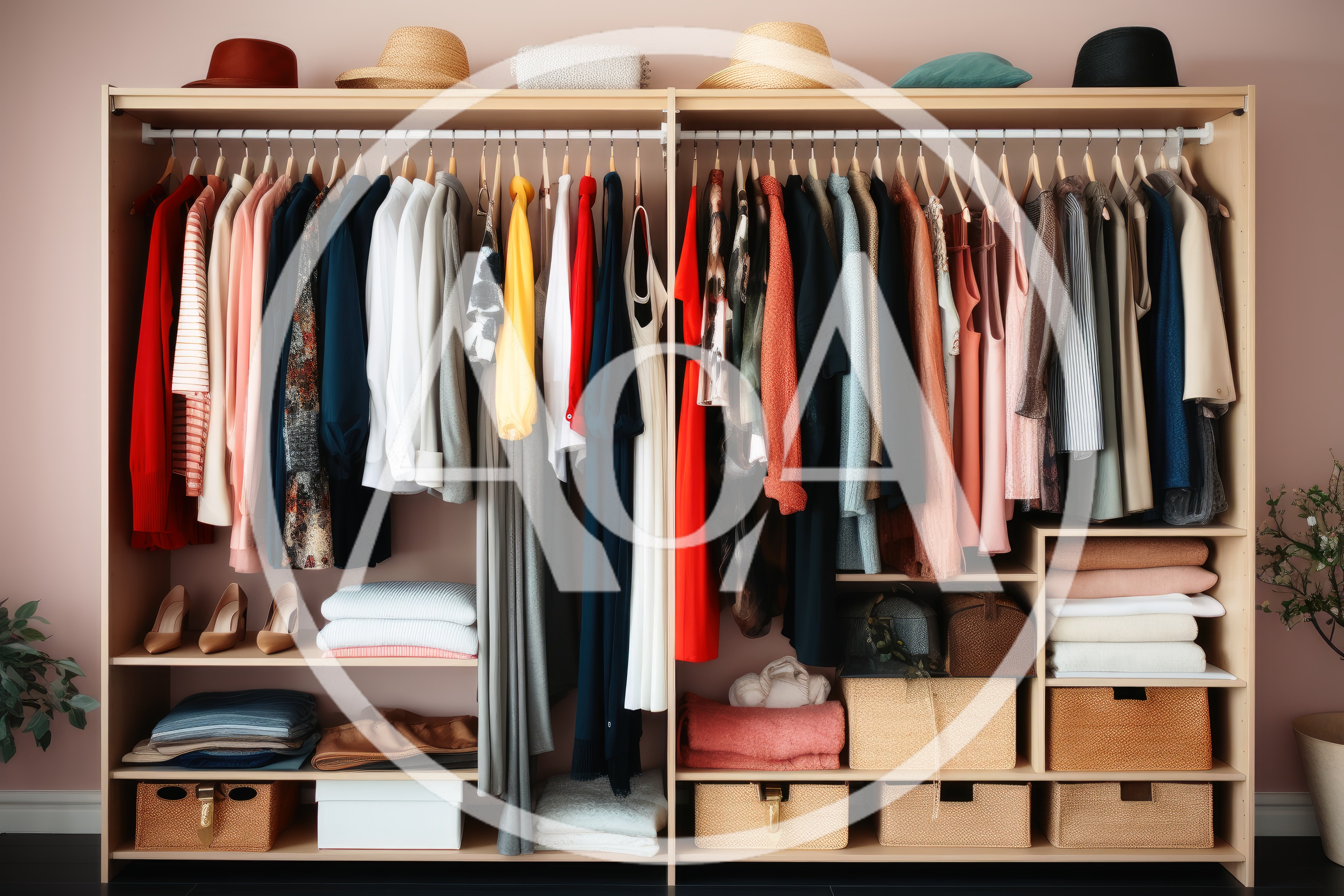 Organized Wooden Wardrobe With Hanging Clothes And Accessories