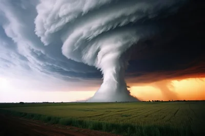 Massive Supercell Tornado Over A Green Wheat Field