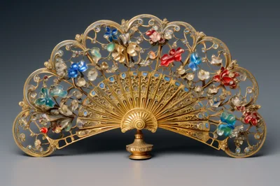 Ornate Gold Filigree Fan With Colorful Gemstone Flowers