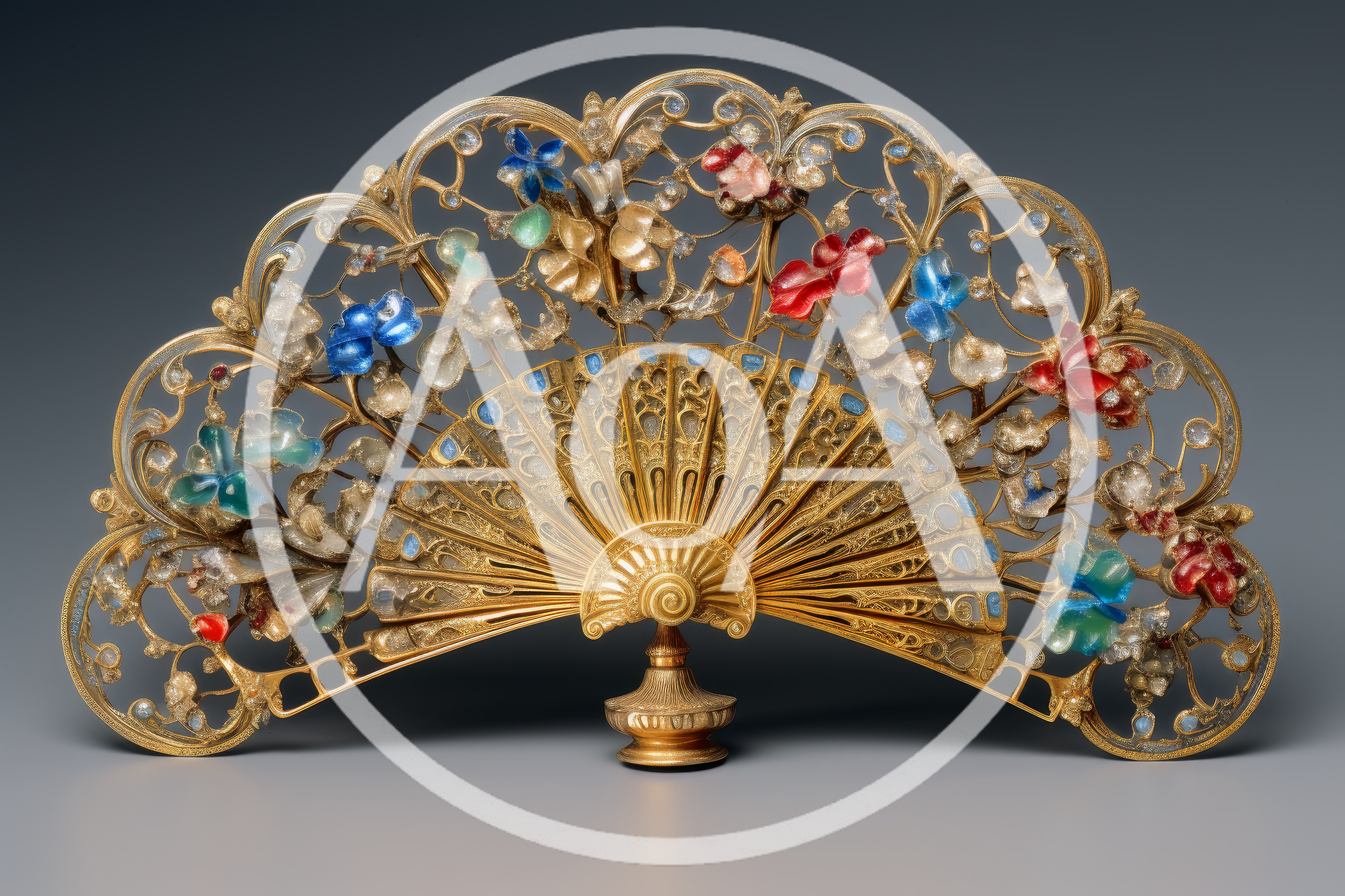 Ornate Gold Filigree Fan With Colorful Gemstone Flowers