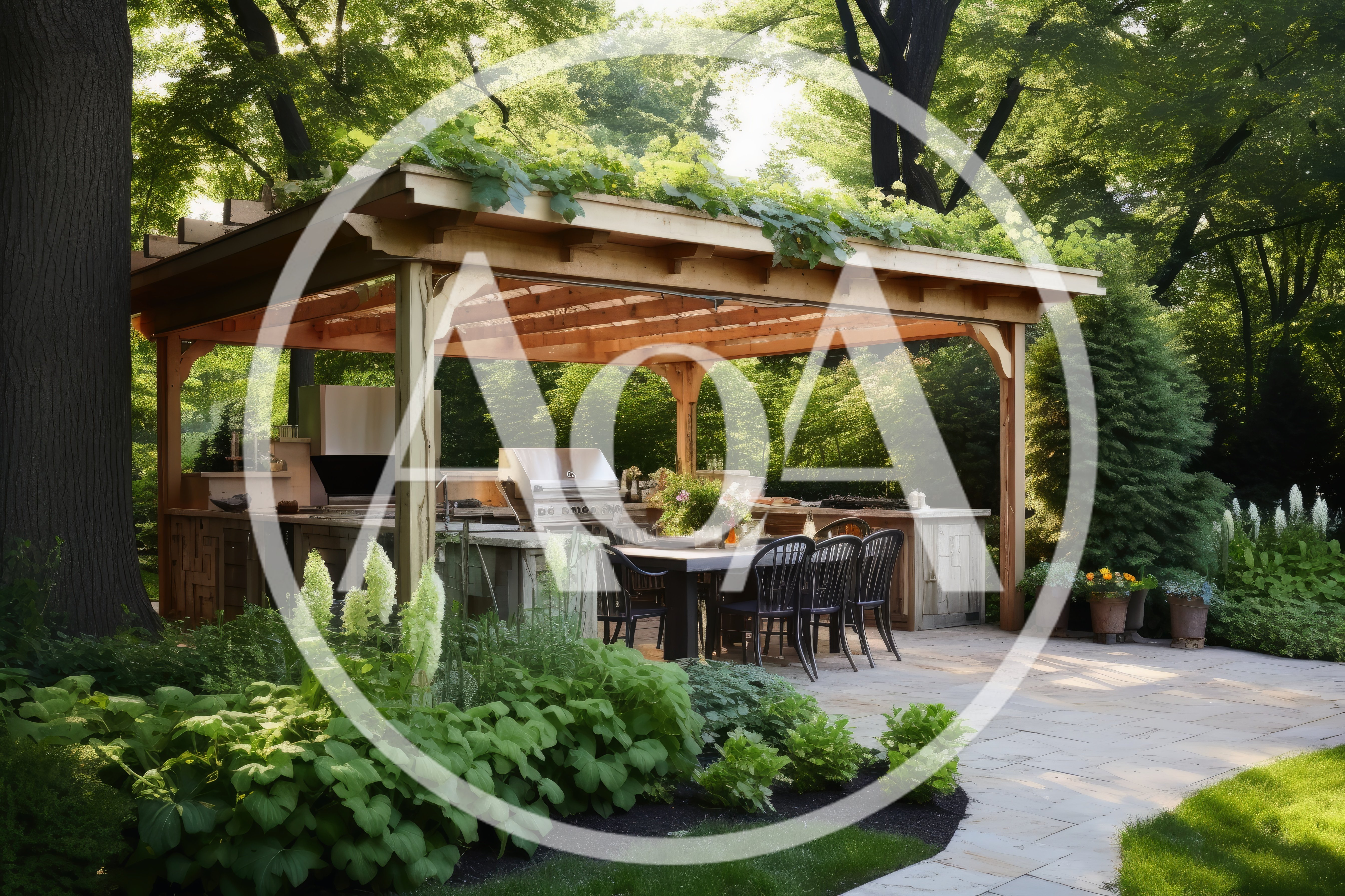 Outdoor Kitchen And Dining Area Under Wooden Pergola