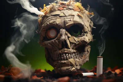 Surreal Collage Skull With Cigarettes And Smoke