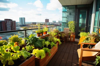 Urban Balcony Garden With Potted Vegetables And Seating