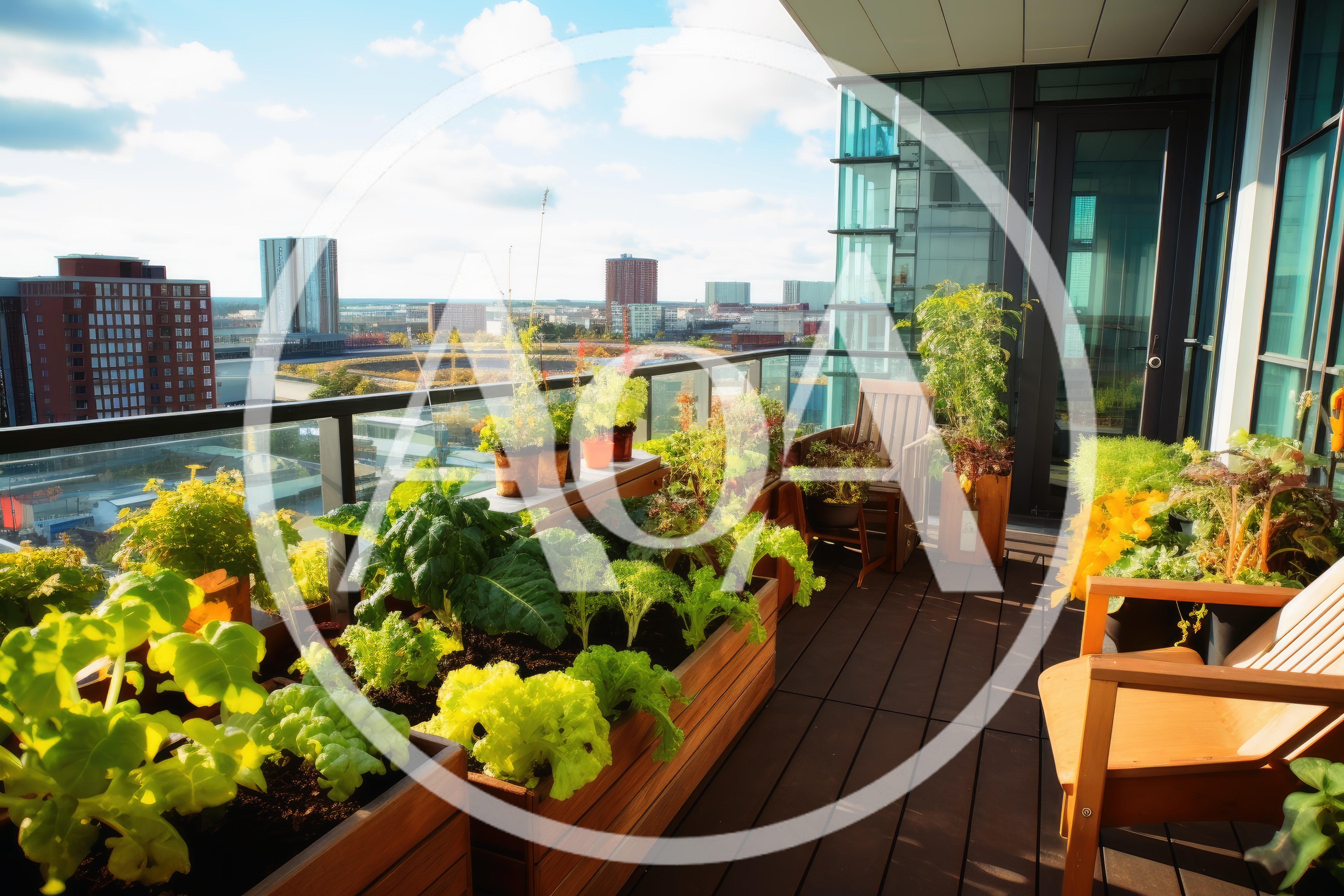 Urban Balcony Garden With Potted Vegetables And Seating