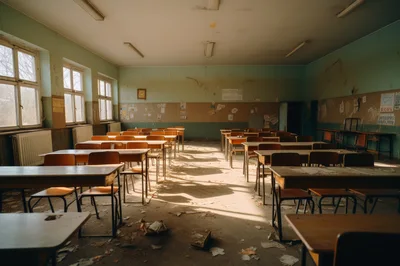 Abandoned Classroom With Rows Of Empty Wooden Desks