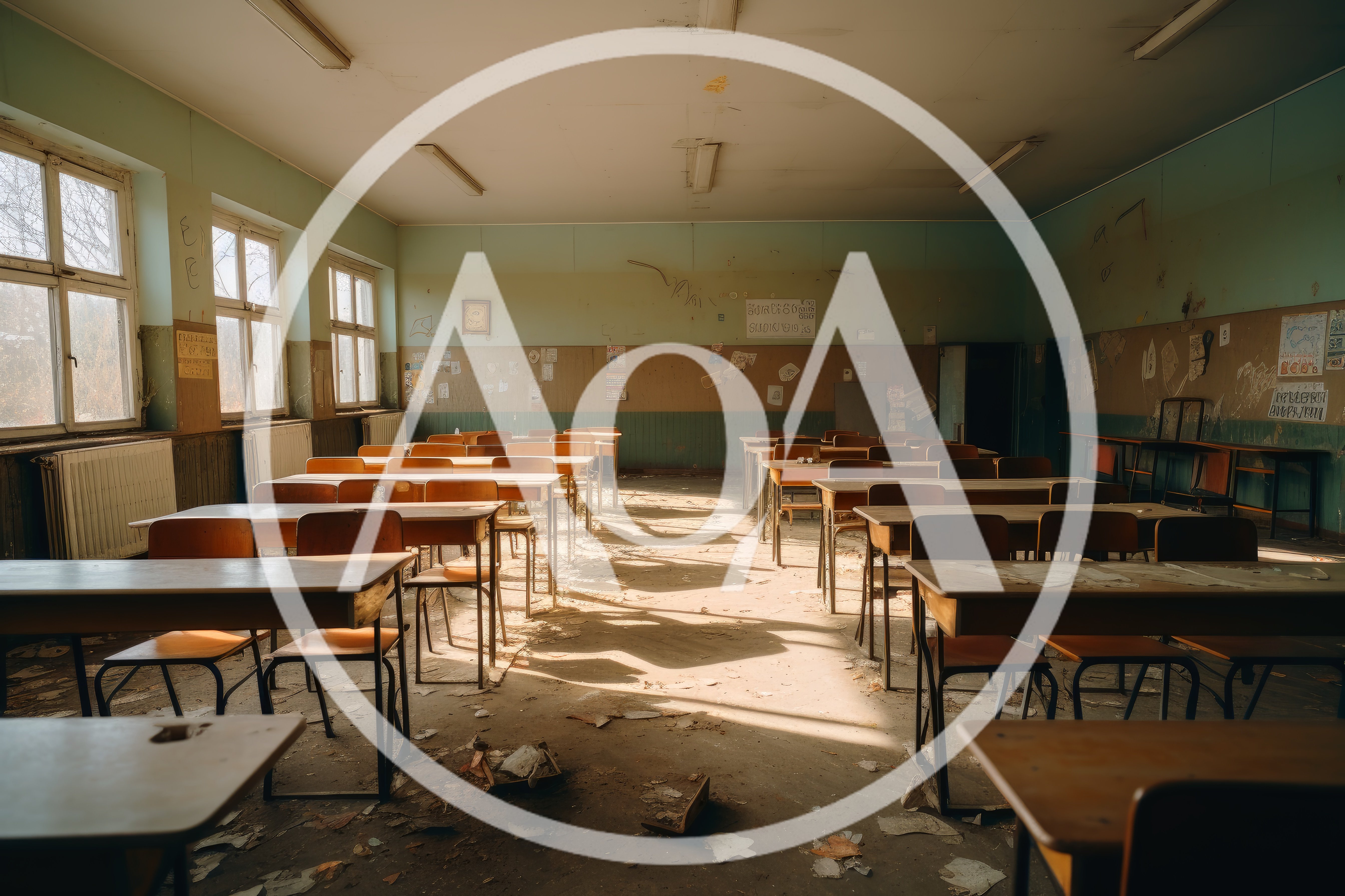 Abandoned Classroom With Rows Of Empty Wooden Desks