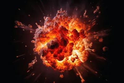 Massive Fiery Explosion With Glowing Debris Particles