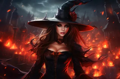 Enchanting Witch Standing Before A Burning Gothic City