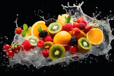 Fresh Assorted Fruits Splashing In Water