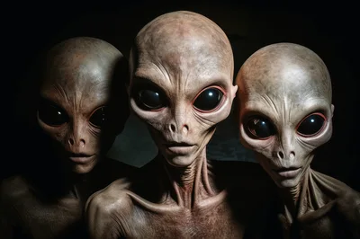 Three Realistic Extraterrestrial Beings In Dark Setting
