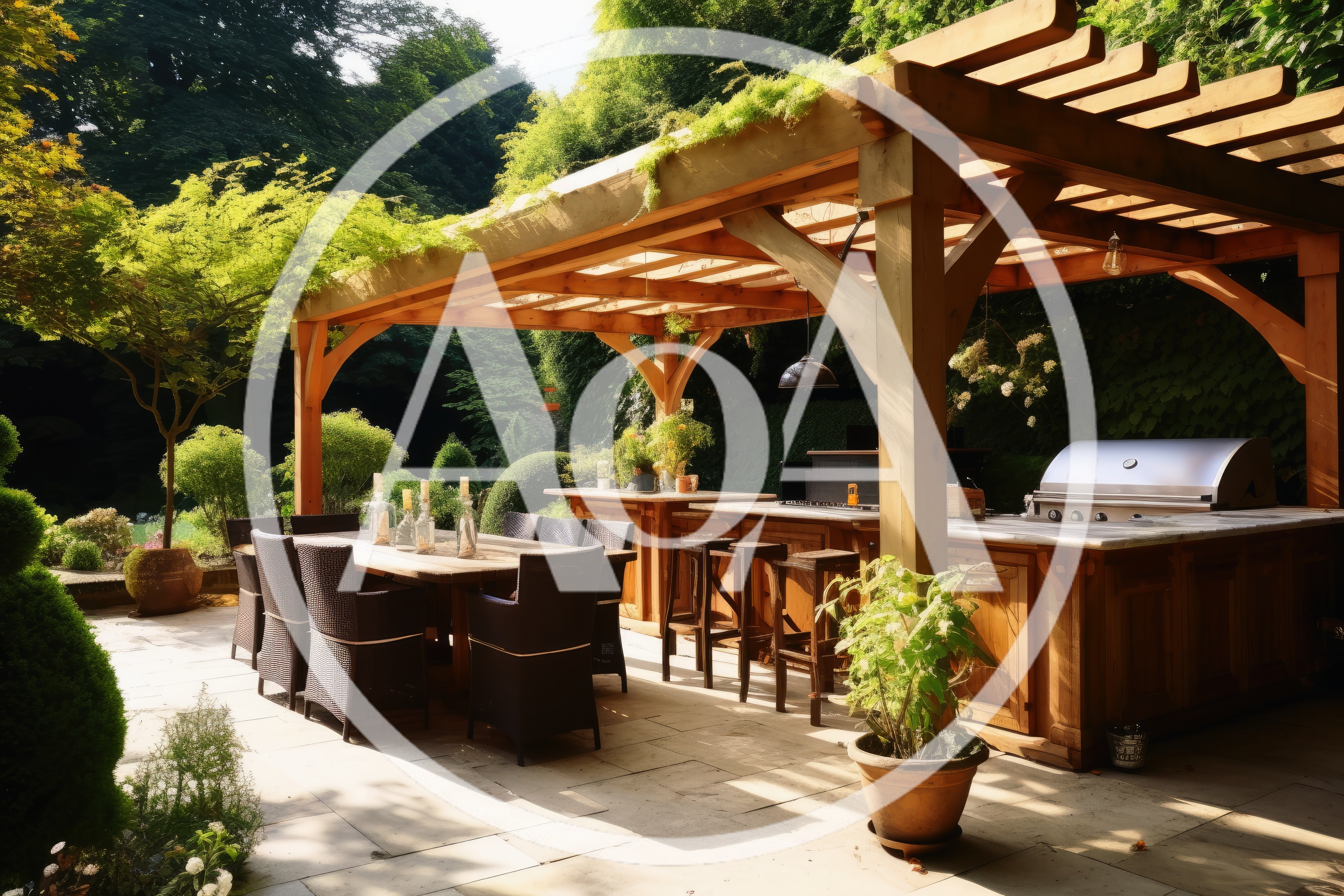 Outdoor Kitchen And Dining Area Under Wooden Pergola