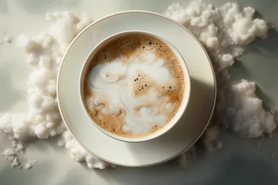 Top View Of A Coffee Cup Surrounded By Clouds