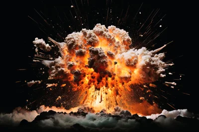 Massive Fiery Explosion With Debris And Smoke