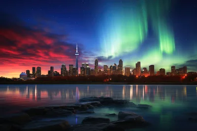 Toronto Skyline At Night With Aurora Borealis