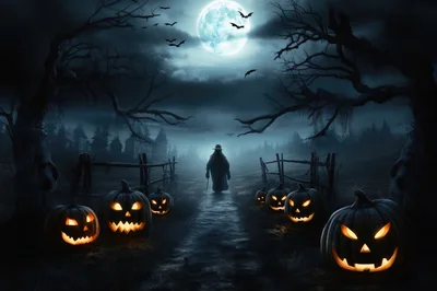 Spooky Halloween Path With Jack O Lanterns And Figure
