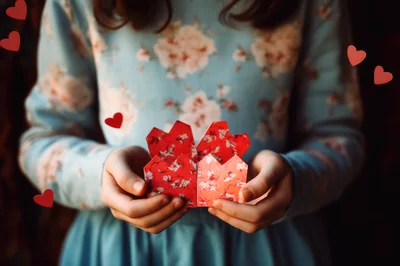 Young Girl Holding A Red Paper Heart Gift