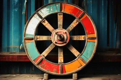 Vintage Industrial Wheel Against Corrugated Metal Wall