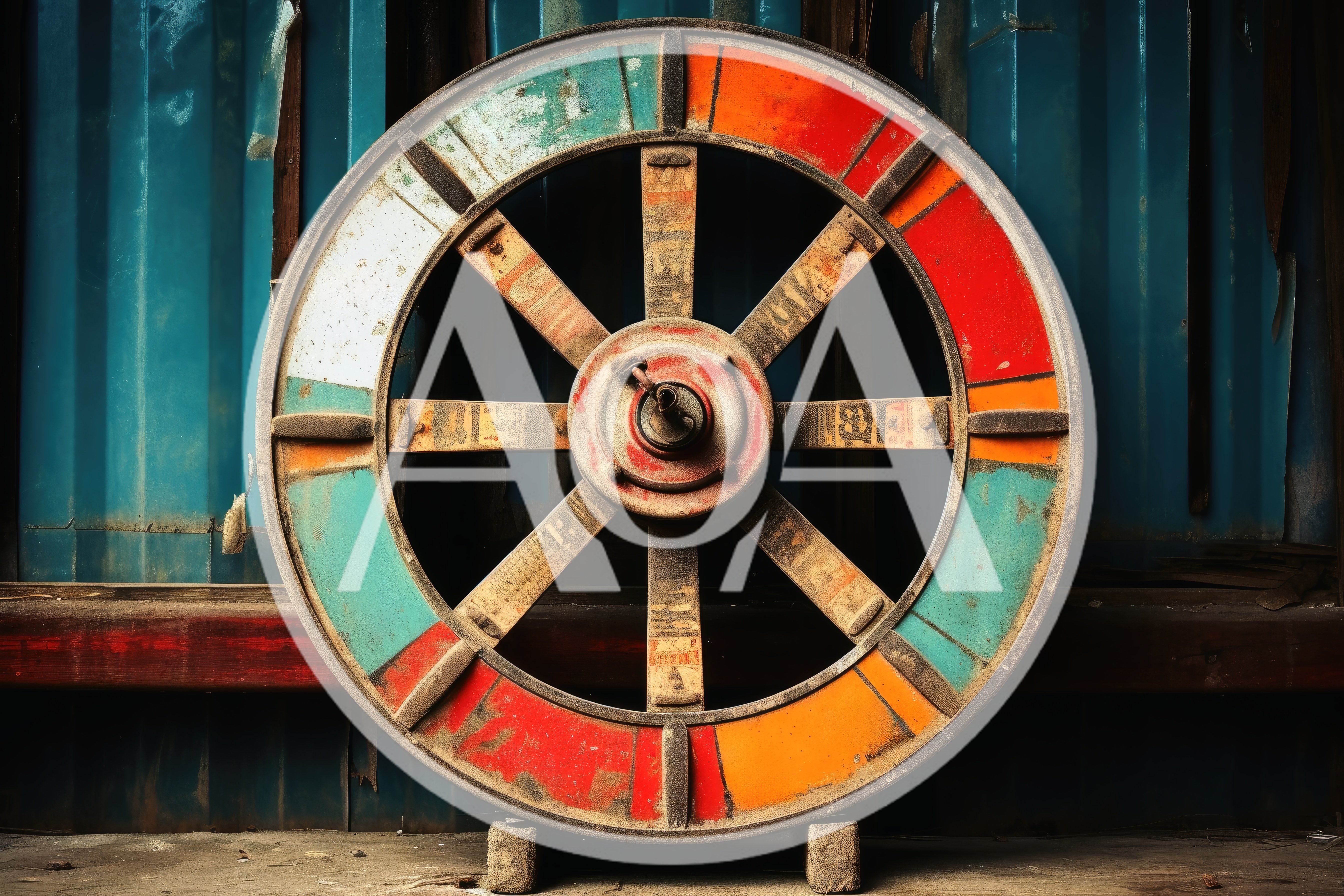Vintage Industrial Wheel Against Corrugated Metal Wall