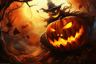 Scary Halloween Scarecrow Holding A Glowing Jack O Lantern