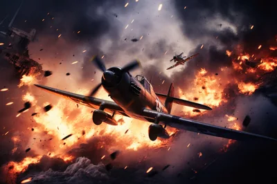 World War II Fighter Planes Flying Through Intense Fire