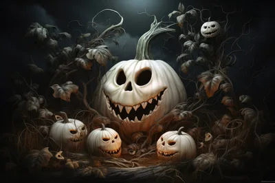 Spooky White Jack O Lanterns In Dark Forest