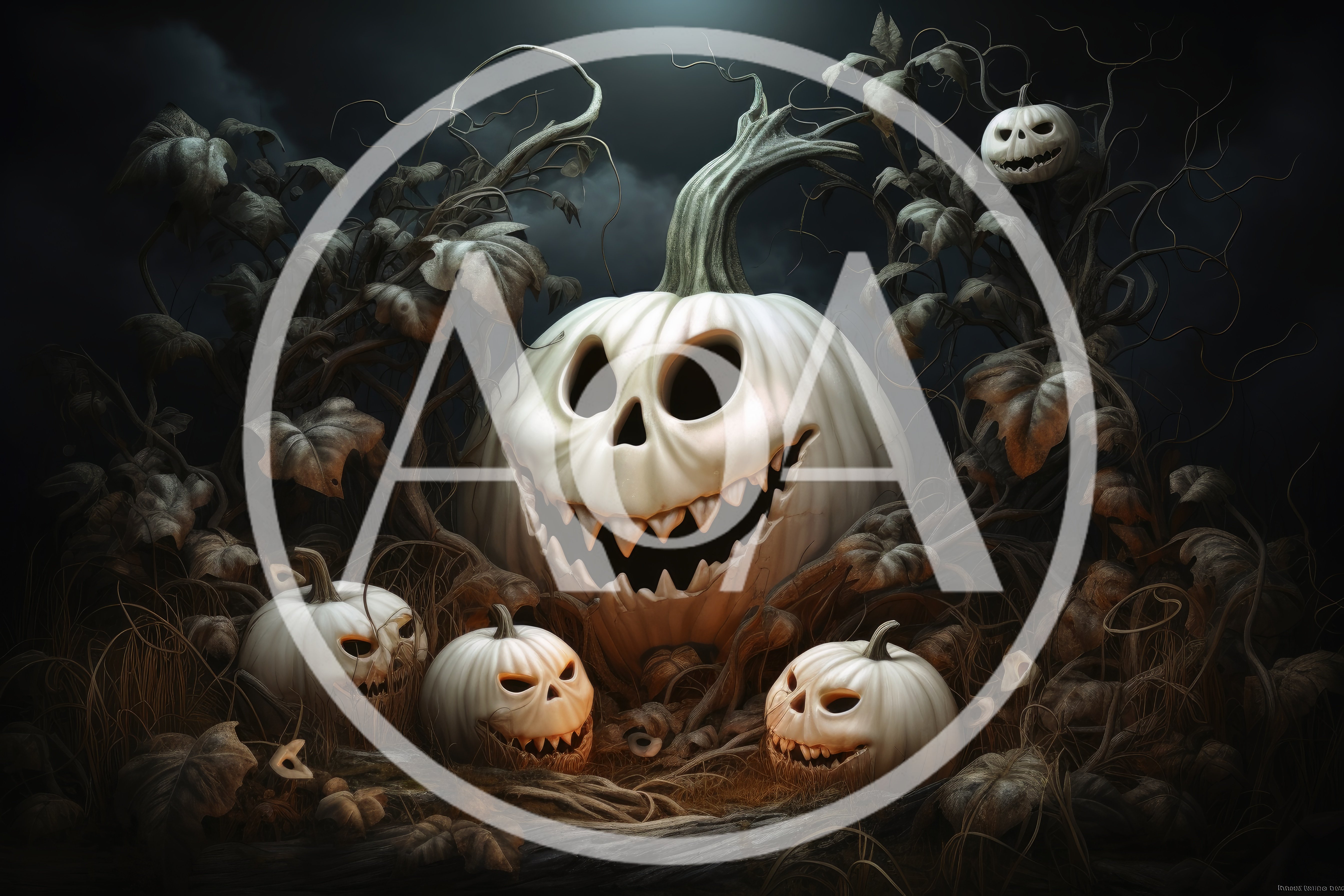 Spooky White Jack O Lanterns In Dark Forest
