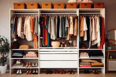 Organized Walk In Closet With Hanging Clothes And Accessories