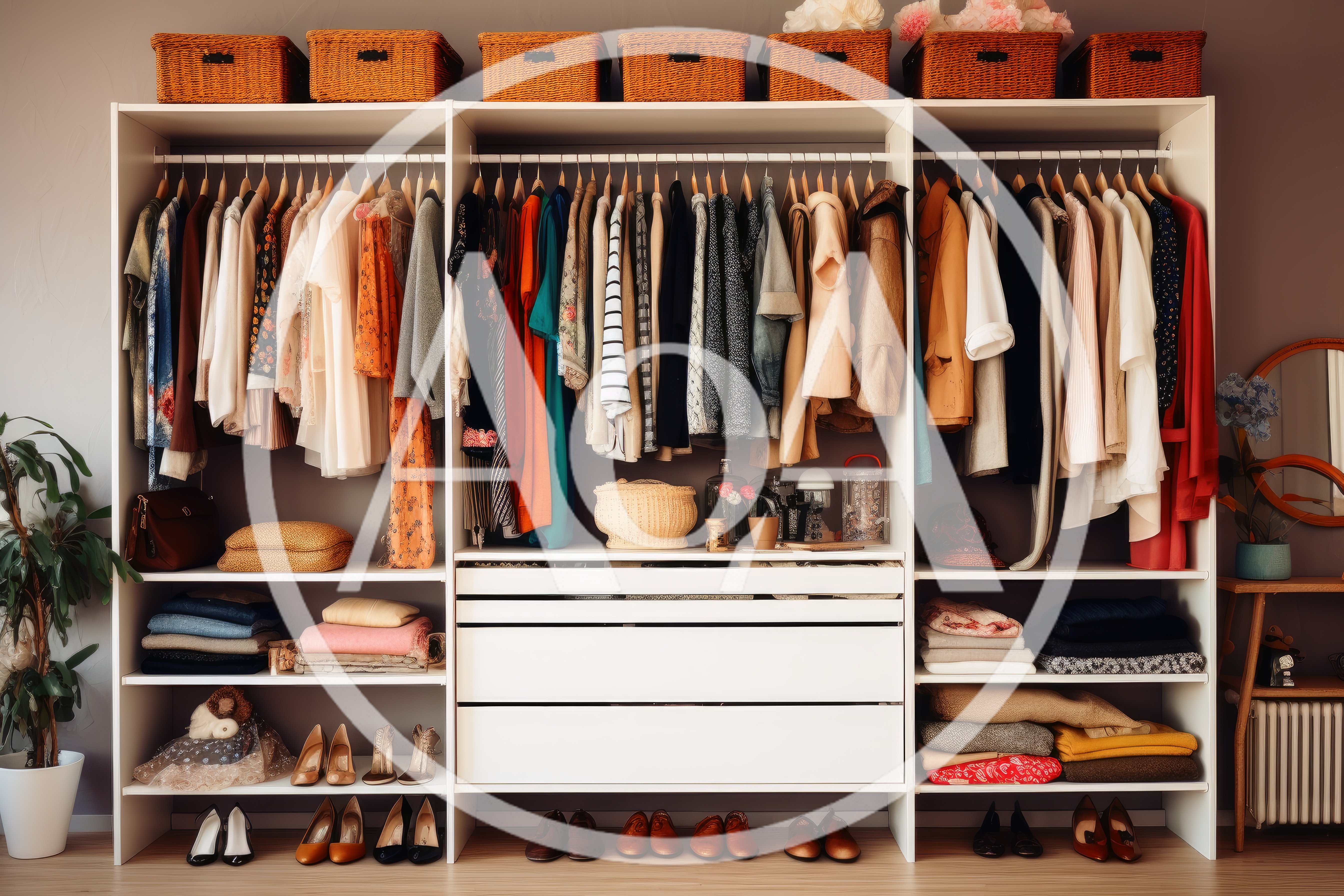 Organized Walk In Closet With Hanging Clothes And Accessories
