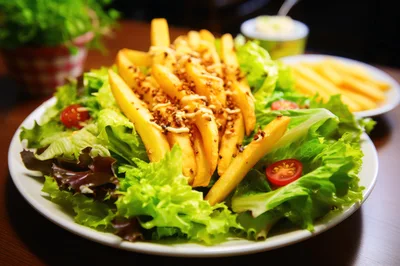 Fresh Green Salad Topped With Crispy Golden French Fries