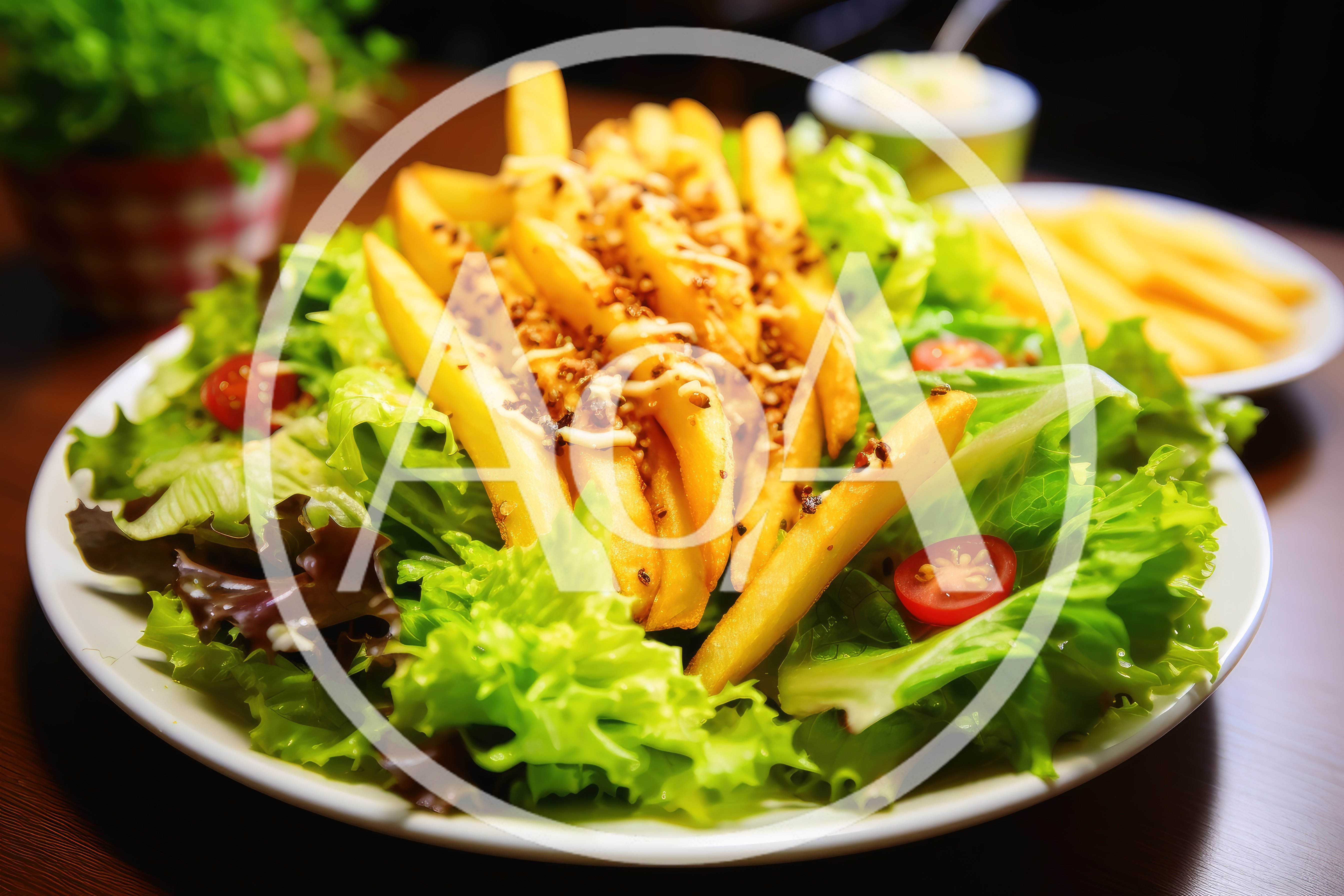 Fresh Green Salad Topped With Crispy Golden French Fries