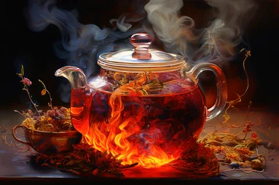 Glass Teapot With Fiery Herbal Infusion