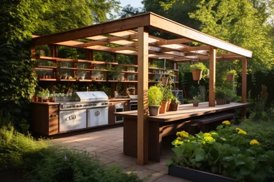 Outdoor Kitchen With Pergola In A Lush Garden