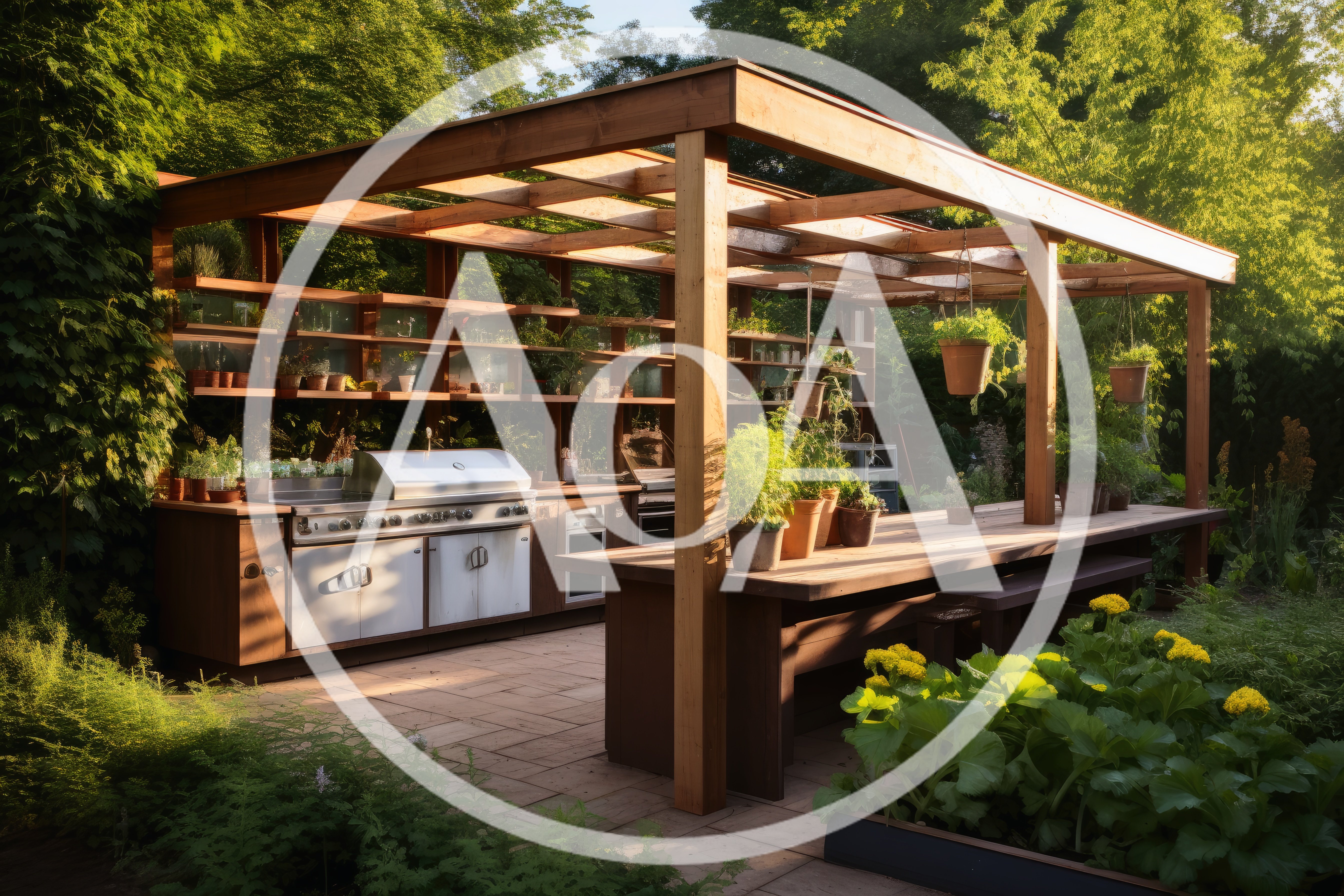 Outdoor Kitchen With Pergola In A Lush Garden