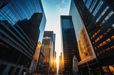 Low Angle View Of Modern Skyscrapers At Sunset