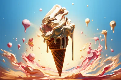 Melting Vanilla Ice Cream Cone With Splash Background