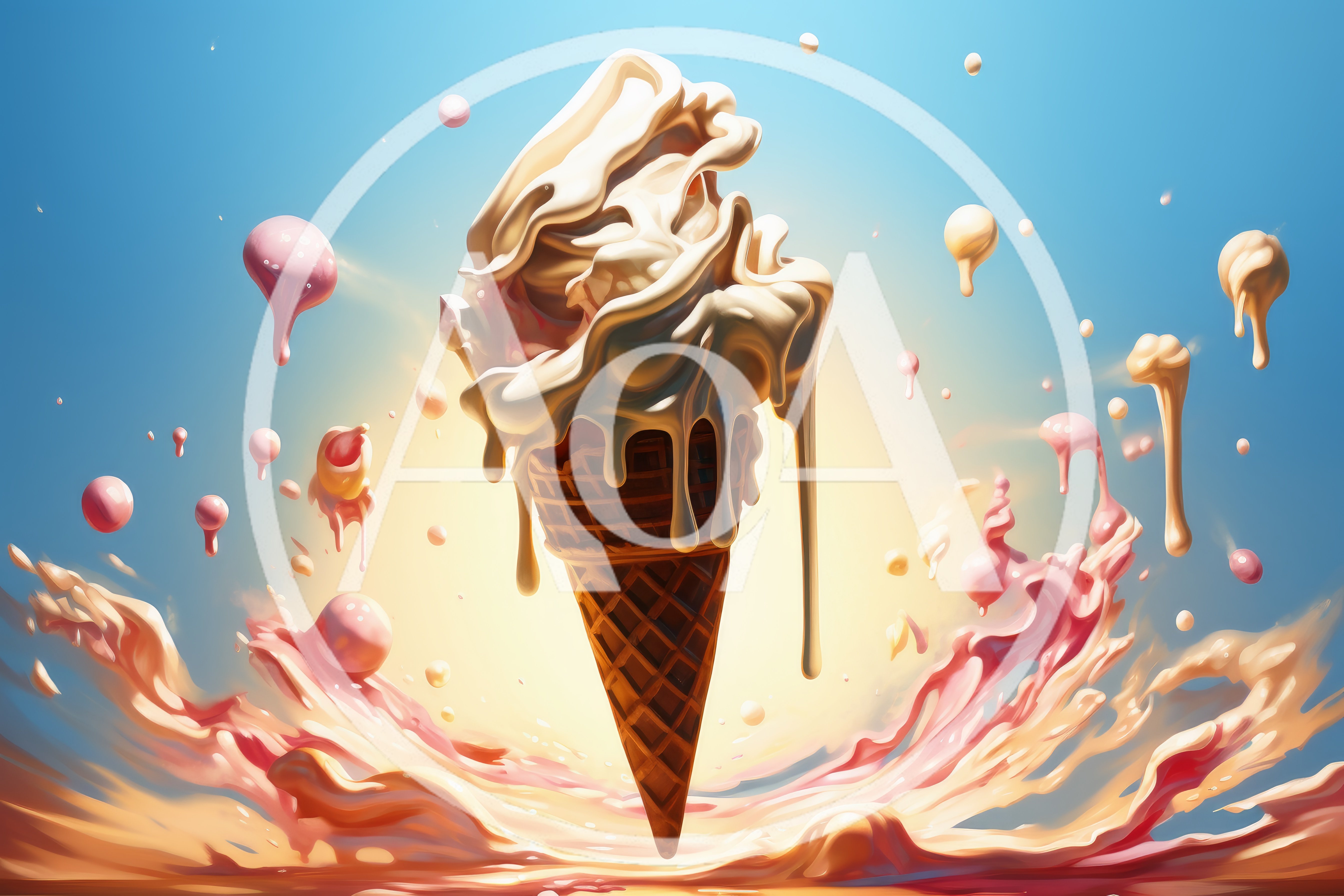 Melting Vanilla Ice Cream Cone With Splash Background