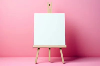 Blank White Canvas On Wooden Easel Against Pink Wall