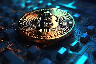 Golden Bitcoin Coin Resting On Computer Circuit Board