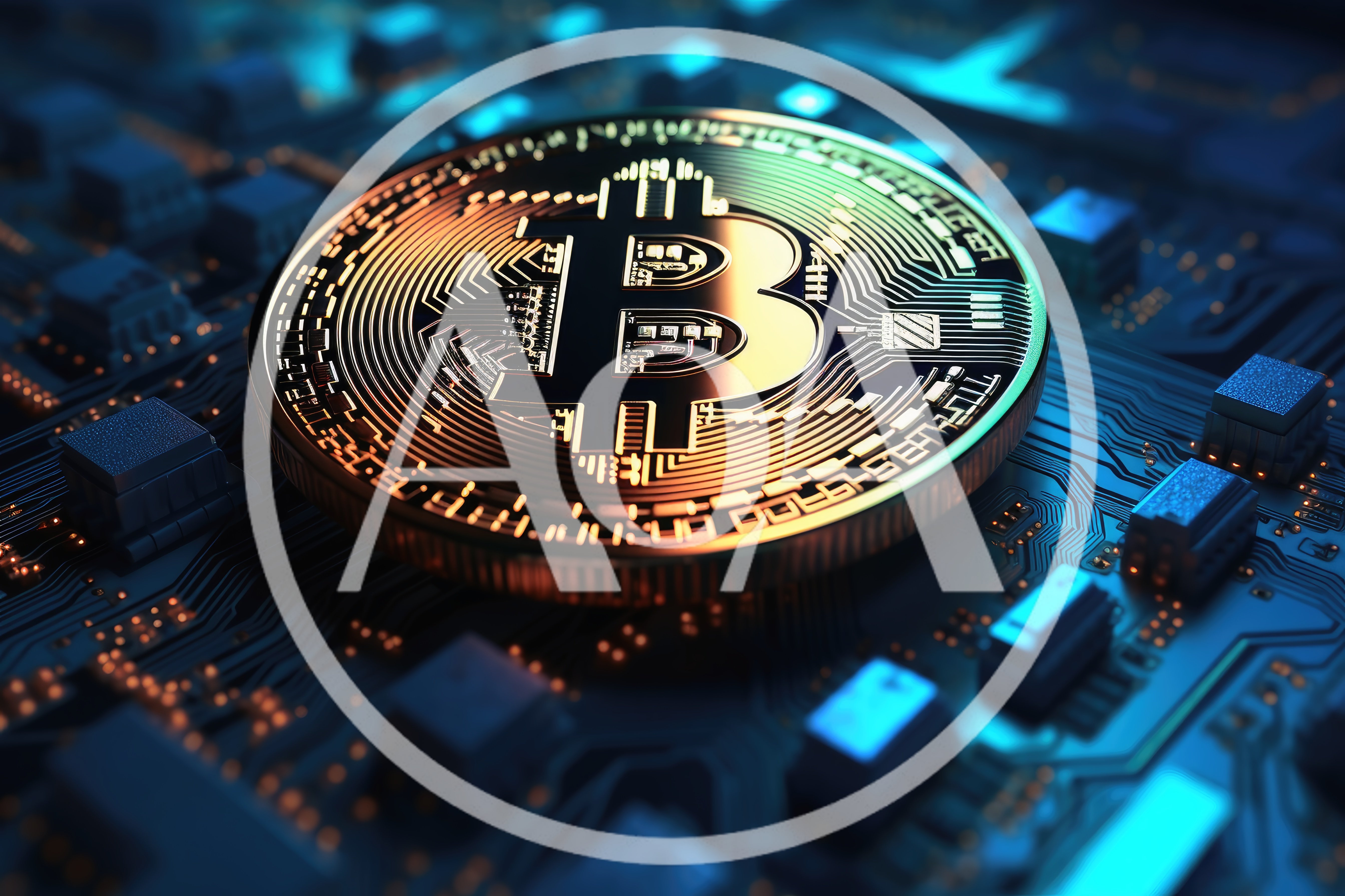 Golden Bitcoin Coin Resting On Computer Circuit Board