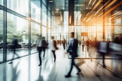 Blurred Business Professionals Walking Through Modern Office Lobby