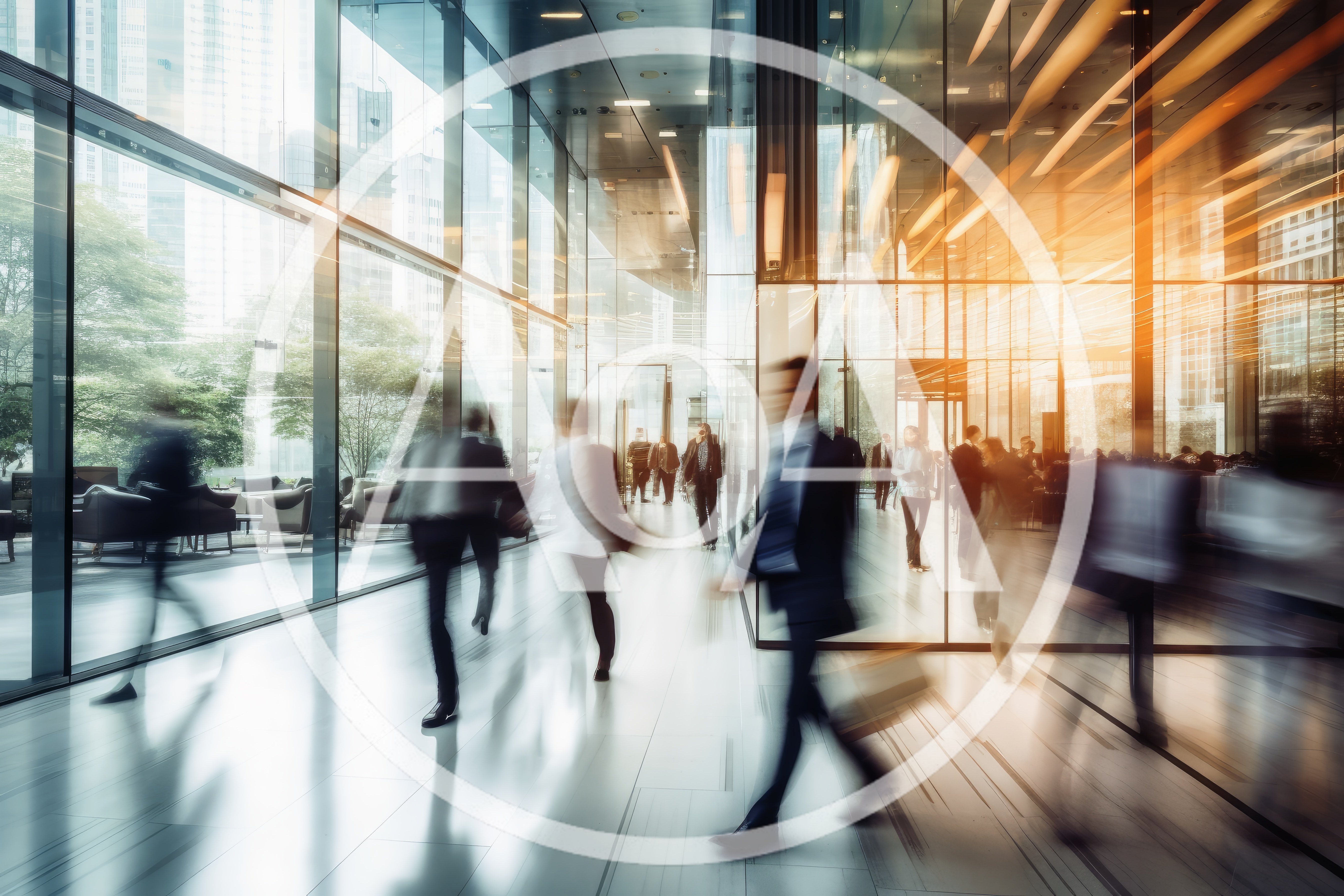 Blurred Business Professionals Walking Through Modern Office Lobby